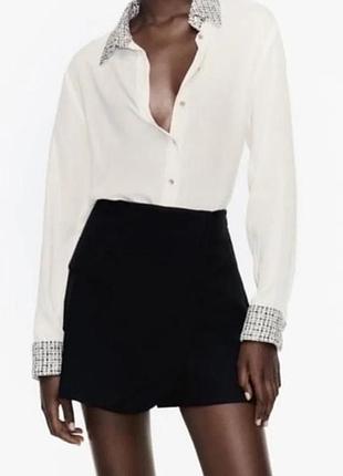 Шовковиста блуза zara з твідовим коміром та манжетами, р. s (оригінал)