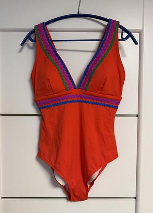 Новий boden купальник суцільний червоний v-neck з яскравою різнокольоровою тасьмою, стильний жіночий купальник для пляжу та відпочинку