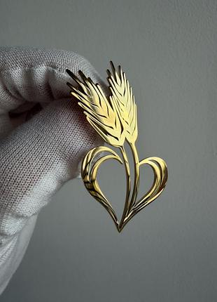 Металева брошка «колоски пшениці у серці» патріотична золотиста серце україна