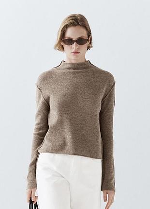 Massimo dutti м шерсть кашемир свитер коричневый воротник стойка укороченый кроп