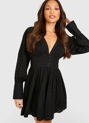 Платье мини с прошвой, платье хлопковое черная с вышивкой boohoo