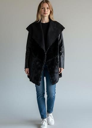 Женское короткое пальто colin's на запах, комбинация экокожи, меха тв замши, цвет черный размер м