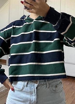 Вкорочене оверсайз худі zara, у широку темно-синю та темно-зелену смужку.