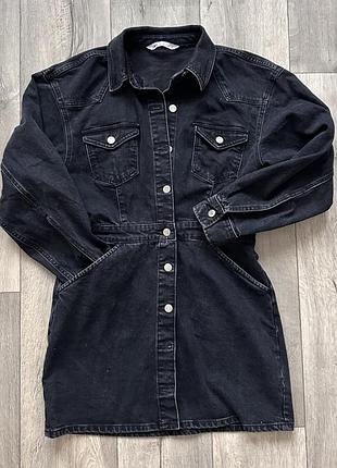 Zara джинсовая платье сарафан с длинным рукавом рубашка по фигуре чёрной серый