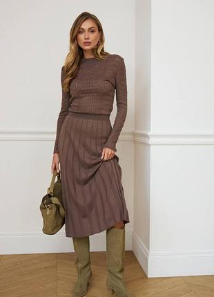 Накладной платеж ❤ 40% вискоза вязаное трикотажное платье миди с ажурным верхом и юбкой плиссе
