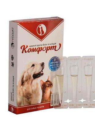 Краплі інсекто-акарицидні коти, собаки комфорт проти бліх та кліщів 3 ампули по 1мл тм продукт