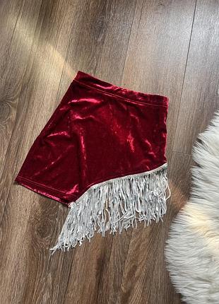 Стильна спідниця юбка асиметрична велюрова з бахромою паєтками для танців латини