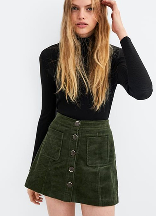 Вельветовая юбка zara xs, хлопок, темно болотного цвета, крупный рубчик