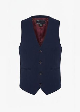 Классический темно-синий костюмный жилет asos design с бордовой подкладкой, размер uk 40 / long