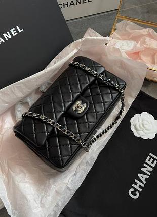 Ch@nel premium leather натуральна шкіра преміум якість чорна сумка срібна фурнітура ьордова всередині кожа