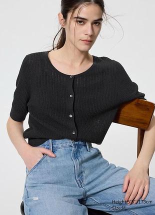 Кофта-кардиган uniqlo чорна sheer lace crew neck cardigan (short sleeve)