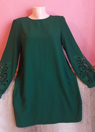 Платье h&amp;m с ажурными рукавами ришелье, изумрудное (размер s/m, 38)