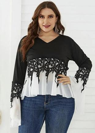 Блуза батал  fair lady lace contrast flute sleeve blouse 
р.3xl