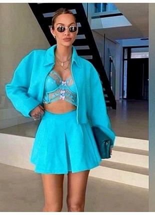 Яскраві бірюзові твідові спідниця-шорти zara (скорт) в складку, розмір xs / нові з бірками