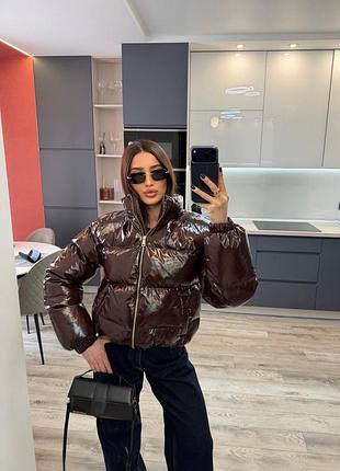 Пуфер на пуху лаковий жіночий демісезонний 🖤