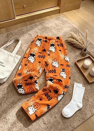 Плюшеві штани помаранчеві hello kitty з принтом «boo» на хелоуін xs-m