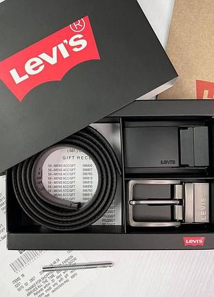 Мужской подарочный набор, кожаный ремень levis с двумя пряжками, ремень левайс из кожи двустороннего черного цвета
