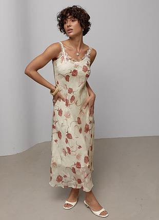Довга шифонова сукня із мереживом - кремовий цвет, l (є розміри)