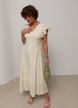Літня сукня у квітковий принт із мереживом - кремовий цвет, s (є розміри)