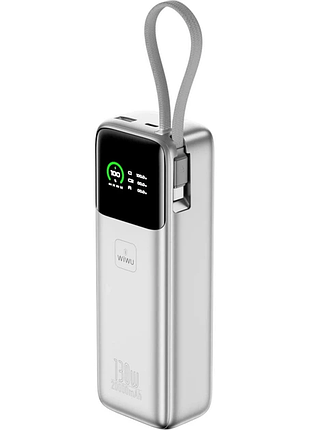 Портативный аккумулятор wiwu power mega pm301 fast charge 130w 20000 mah silver с tft-дисплеем и встроенным кабелем type-c