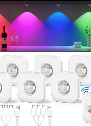Акумуляторні rgb led світильники для шаф і меблів з пультом, магнітним кріпленням та регулюванням яскравості, 6 шт.