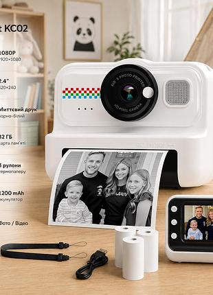 Детская камера мгновенной печати himont kc02 1080p, экран 2,4", 32 гб, 3 рулона термобумаги, черная