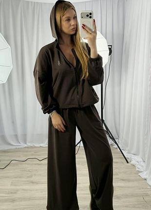 Жіночий прогулянковий костюм-двійка: кофта та штани двонитка шоколадний, 42/44
