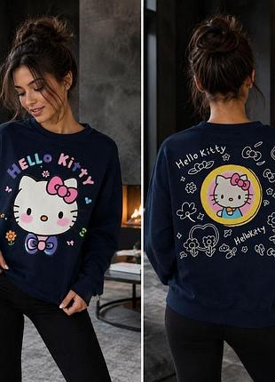 Жіночий оверсайз світшот з малюнком hello kitty тринитка темно-синій, 42/48