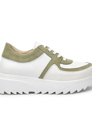 Женские кроссовки itstyle кожаные белые с оливковыми вставками 38 (506955)
