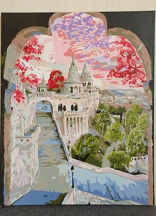 Картина для декору декоративна картина чарівний замок 50×40 см декор картини квіти гори пейзаж