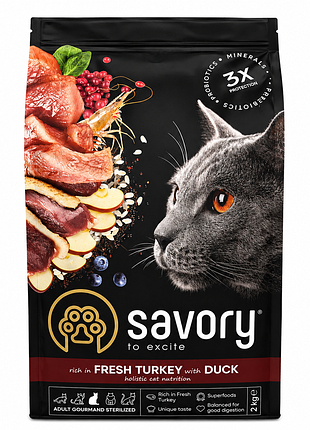 Savory adult gourmand sterilized — сухой корм для стерилизованных котов с индейкой и уткой