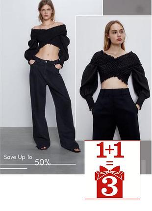 1+1=3 стильна укорочена блуза топ zara рюша резинка відкриті плечі балон