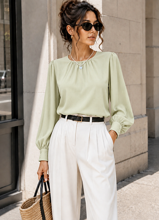 Блуза uniqlo блузка тихая роскошь рубашка блузочка рукава буфы пышные фисташковый цвет пастельный фисташковая бохо кэжуал оверсайз
