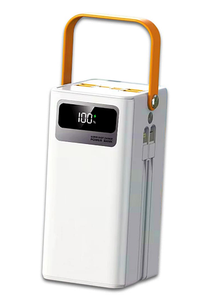 Power bank 100000 mah с быстрой зарядкой и встроенными кабелями, белый.