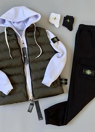 Набор stone island зима:хаки жилет, белый соп худи, штаны.