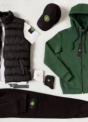 Набор stone island зима хаки: жилет, соп худи, брюки, футболка, кепка