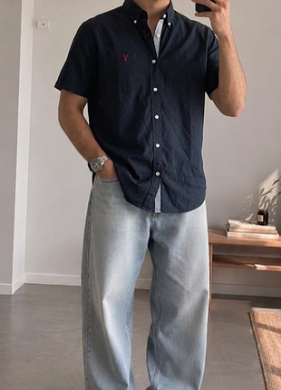 100% бавовна 👔 next slim fit 👕 чоловіча сорочка з коротким рукавом 🧵 темно-синя button-down l