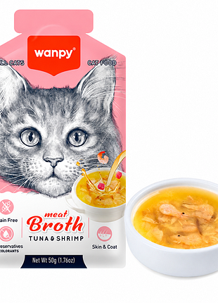 Суп wanpy meat broth tuna &amp; shrimp – влажный корм для котов в виде ароматного мясного бульона с тунцом и креветками
