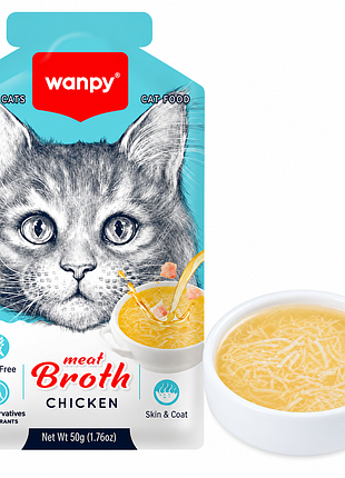 Суп wanpy meat broth chicken - влажный корм для котов в виде ароматного мясного бульона с курицей.