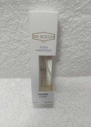 Ex nihilo fleur narcotique eau de parfum tester in a 25 ml white package featuring a cutout window displaying the slender vial