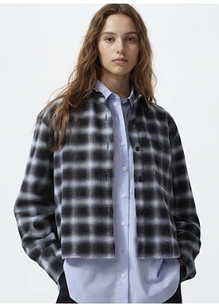 Укороченная фланелевая рубашка в клетку uniqlo оверсайз оригинал размер 46-48-50 хлопок