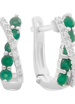 Серьги серебряные 925 пробы с натуральным зеленым агатом 1.395ct, родированные, английский замок