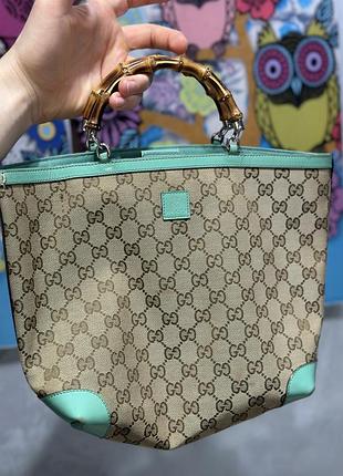 Gucci  gg canvas patent leather bamboo handle childrens tote ba