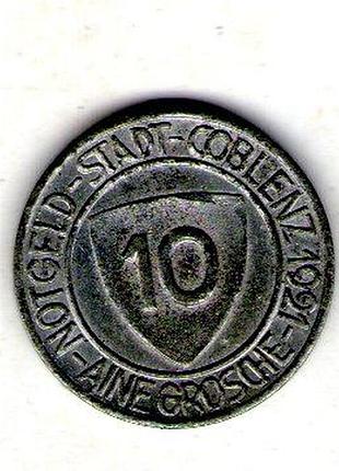 Германия (нотгельд) ø город кобленц 10 пфеногов 1921 год железо с никелевым покрытием, 3.64g, ø 20.8mm no2120