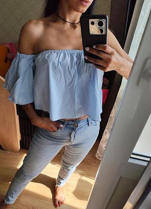 Шикарний блакитний котоновий топ на резинці блуза zara