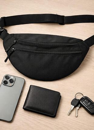 Мужская/женская бананка с cordura 1000d, черная, 3 отделения, водоотталкивающее