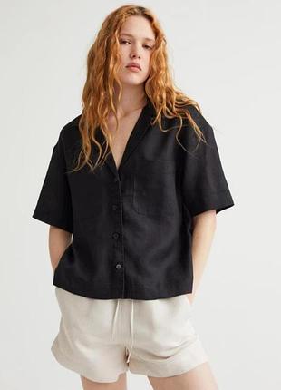 Льняная рубашка h&amp;m premium / курортная черная рубашка из льна