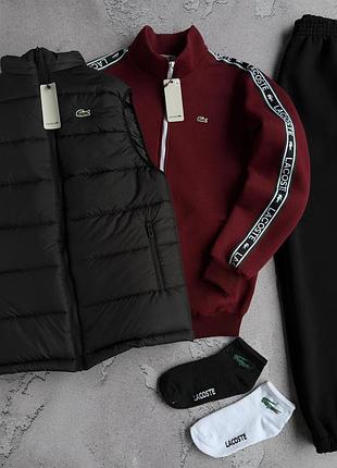 Набор зима lacoste жилет кофта штаны бордово/черный лампас