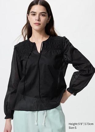 Блуза uniqlo чорна light cotton shirring blouse