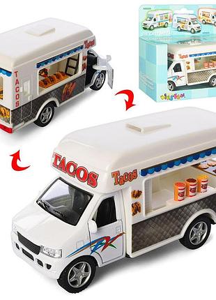 Машинка металева kinsmart 1:36 kinsfun фургон кафе tacos truck ks 5255 w інерційна, двері відкриваються / білий